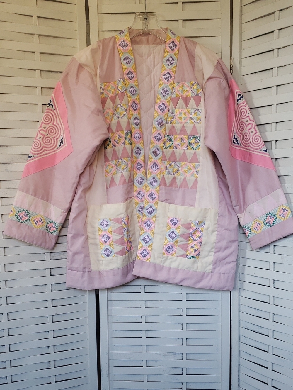 Hmong Cross Point Embroidered Pink Patchwork Women's Jacket